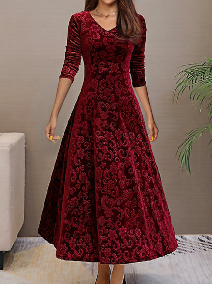 Elegant Floral Maxi Dress for Women with V-Neck Long Sleeve A Line Style