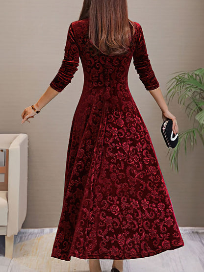 Elegant Floral Maxi Dress for Women with V-Neck Long Sleeve A Line Style