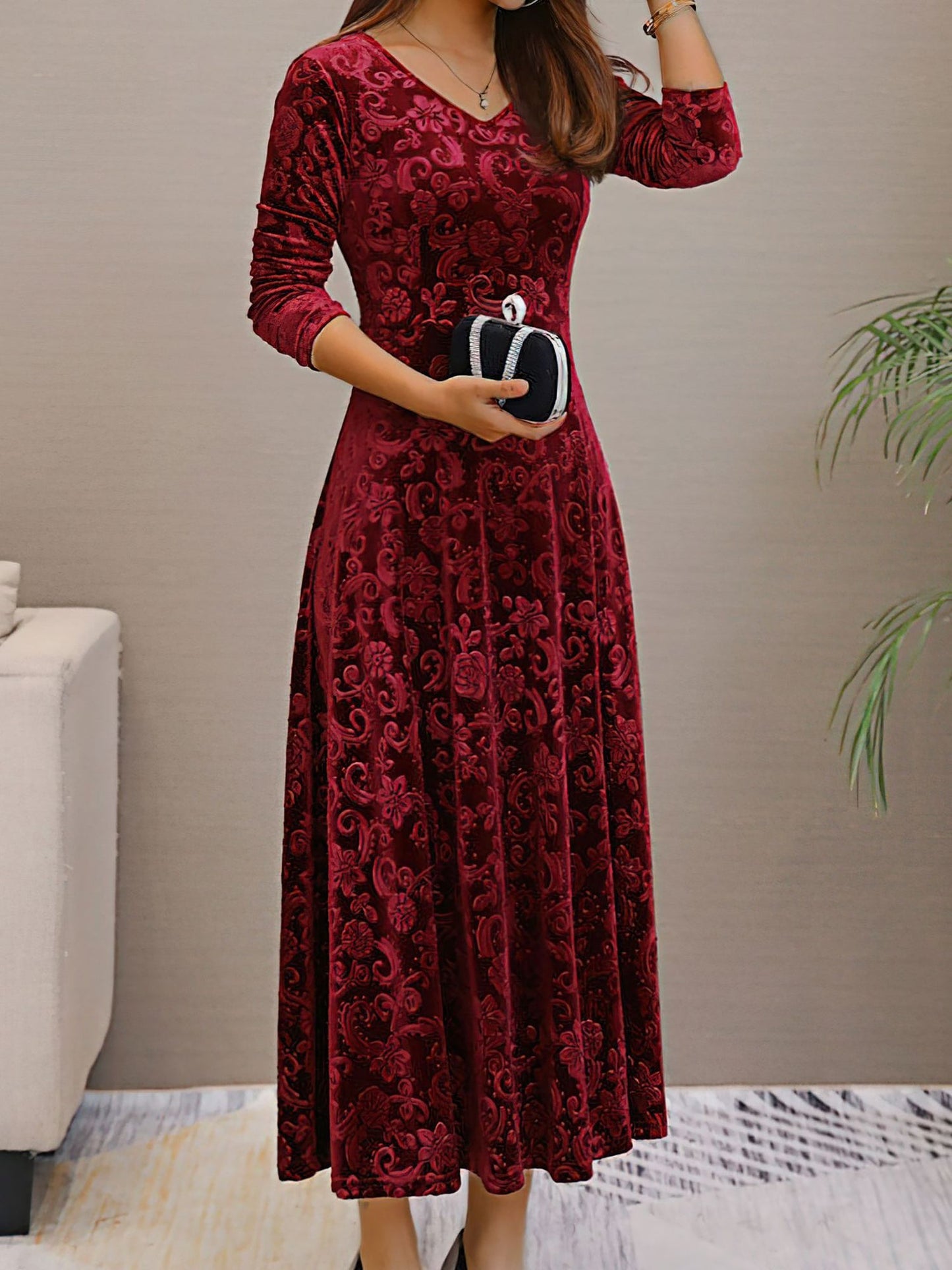 Elegant Floral Maxi Dress for Women with V-Neck Long Sleeve A Line Style