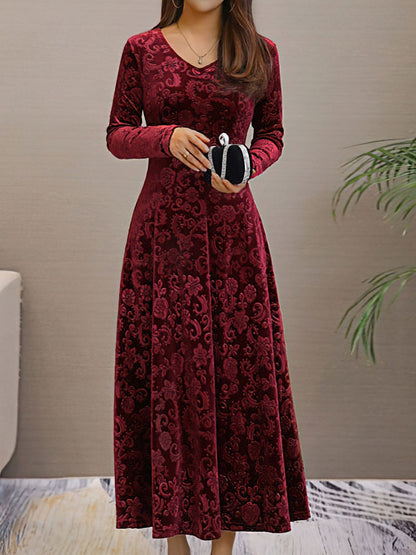 Elegant Floral Maxi Dress for Women with V-Neck Long Sleeve A Line Style