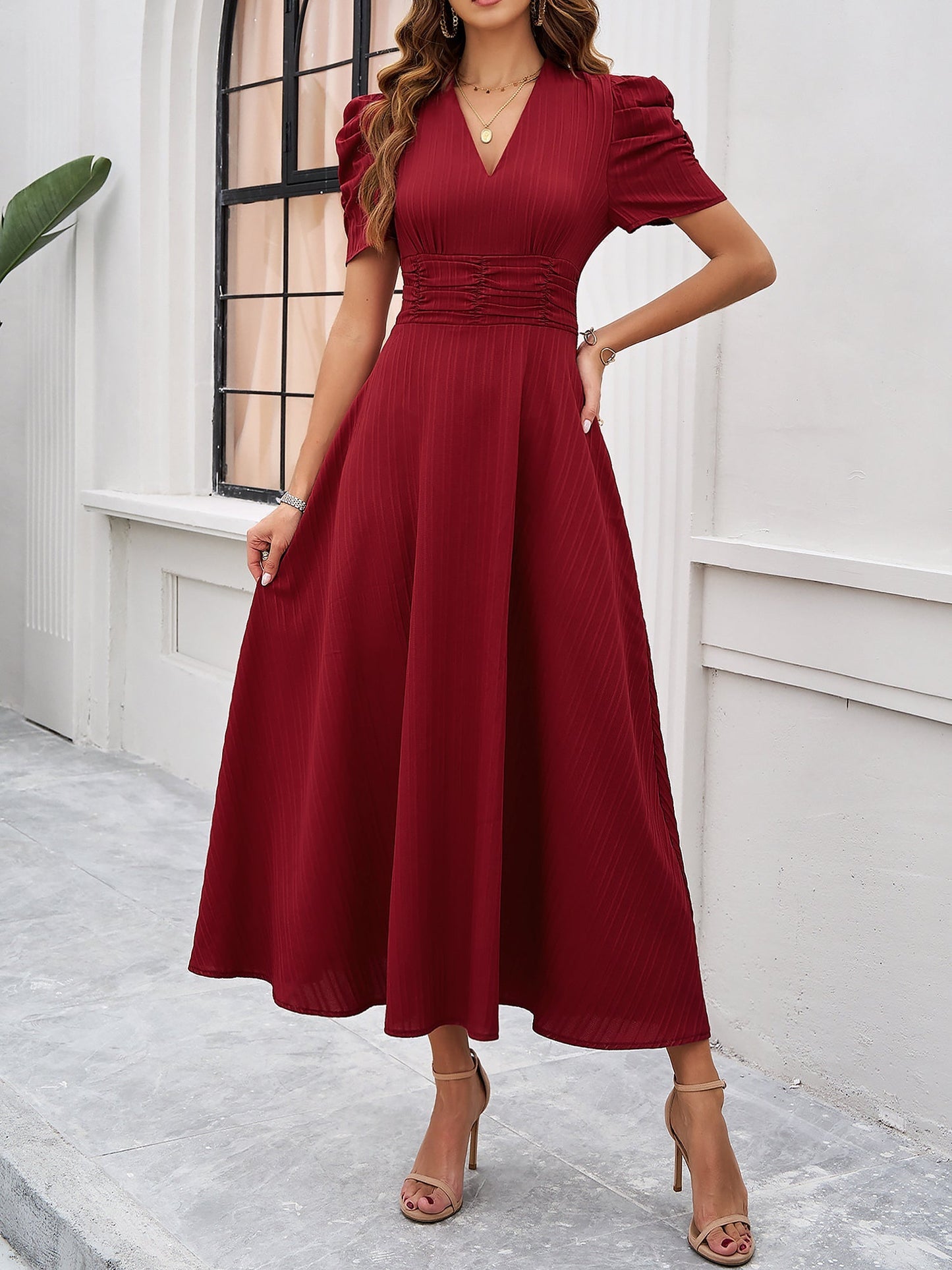 Elegant Red Midi Dress for Women with V-Neck Puff Sleeve Side Slit Formal Wedding Guest Style