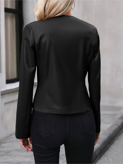 Elegant Leather Jacket for Women with Notch Collar Zip Front Cropped Style