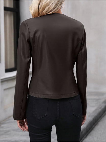 Elegant Leather Jacket for Women with Notch Collar Zip Front Cropped Style