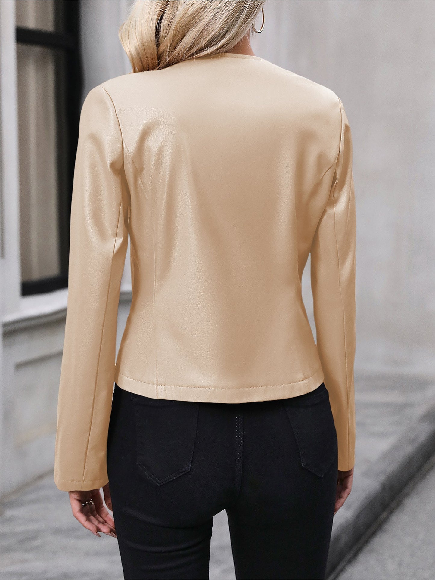 Elegant Leather Jacket for Women with Notch Collar Zip Front Cropped Style