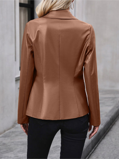 Elegant Leather Blazer Jacket for Women with Notch Collar Double Breasted Style