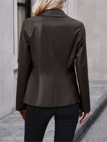 Elegant Leather Blazer Jacket for Women with Notch Collar Double Breasted Style