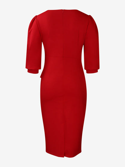 Elegant Red Bodycon Dress for Women with Round Neck Elbow Sleeve Peplum Waist Style