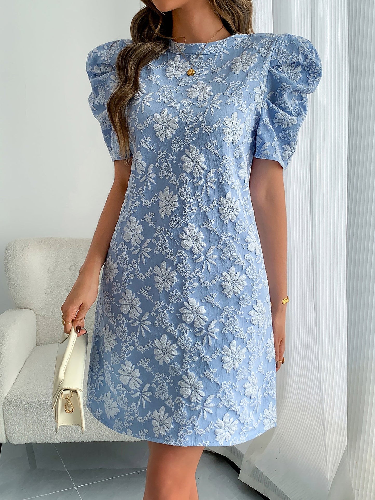 Elegant Floral Shift Dress for Women with Round Neck Puff Sleeve Jacquard Style