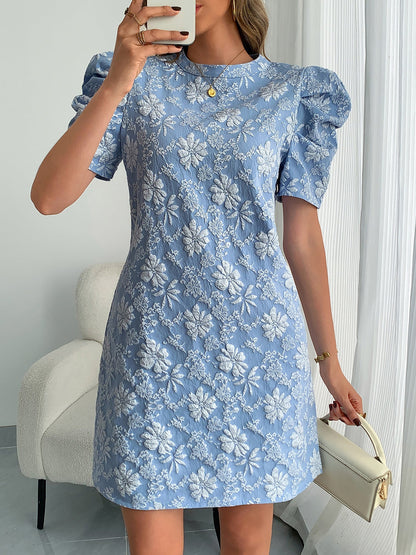Elegant Floral Shift Dress for Women with Round Neck Puff Sleeve Jacquard Style