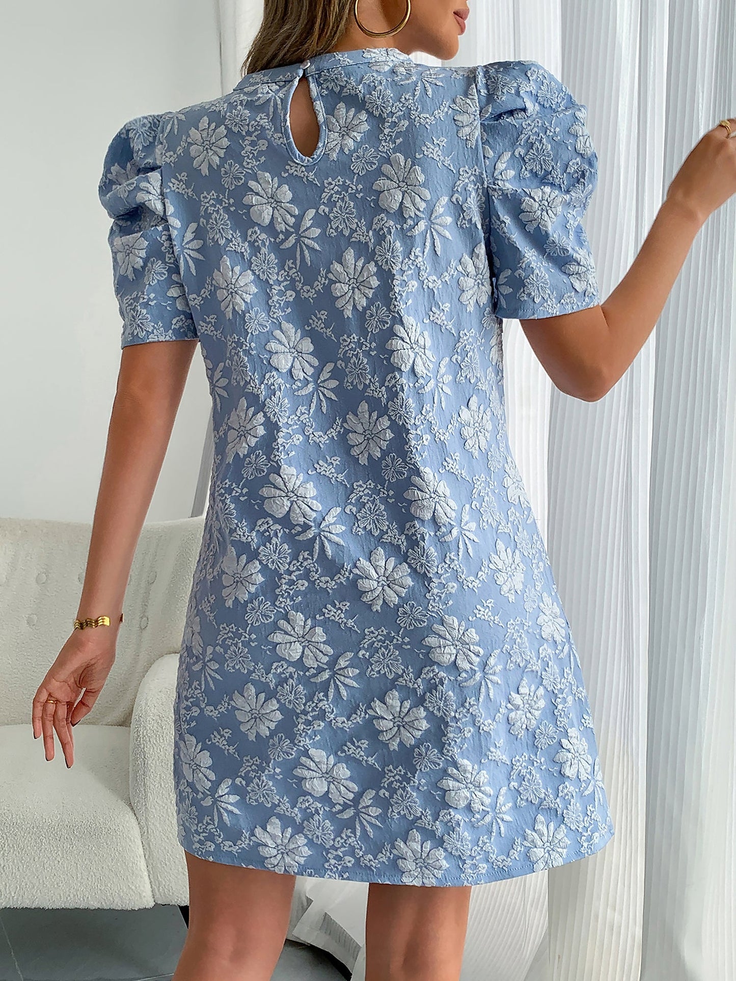 Elegant Floral Shift Dress for Women with Round Neck Puff Sleeve Jacquard Style