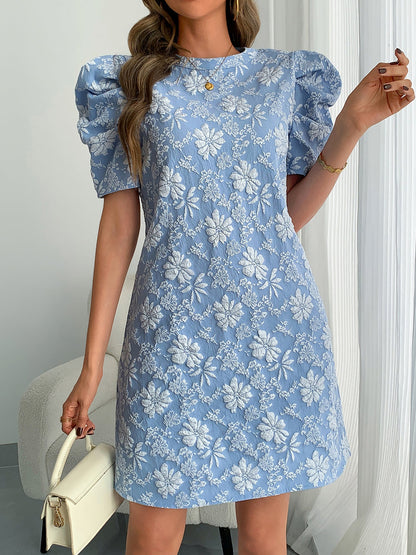 Elegant Floral Shift Dress for Women with Round Neck Puff Sleeve Jacquard Style