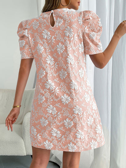 Elegant Floral Shift Dress for Women with Round Neck Puff Sleeve Jacquard Style