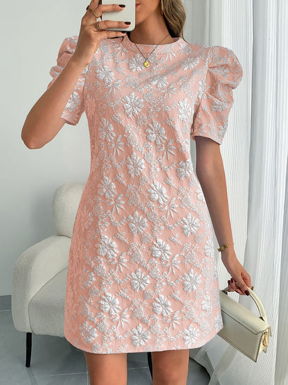 Elegant Floral Shift Dress for Women with Round Neck Puff Sleeve Jacquard Style