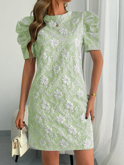 Elegant Floral Shift Dress for Women with Round Neck Puff Sleeve Jacquard Style