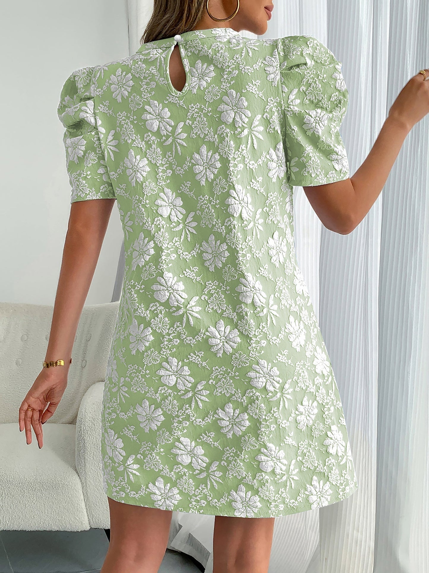 Elegant Floral Shift Dress for Women with Round Neck Puff Sleeve Jacquard Style