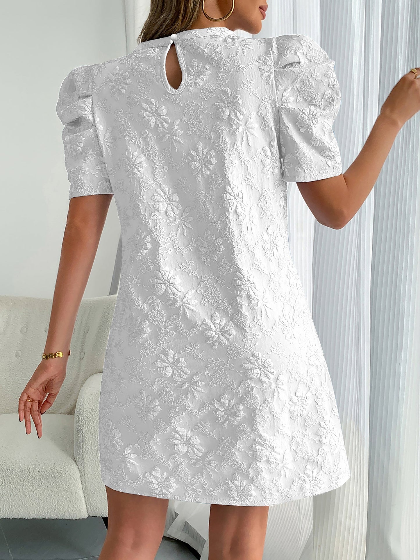 Elegant Floral Shift Dress for Women with Round Neck Puff Sleeve Jacquard Style
