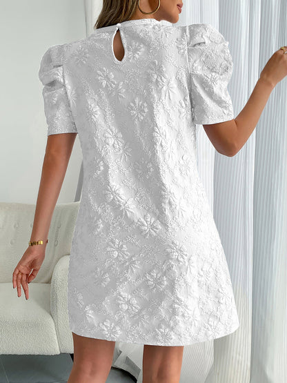 Elegant Floral Shift Dress for Women with Round Neck Puff Sleeve Jacquard Style