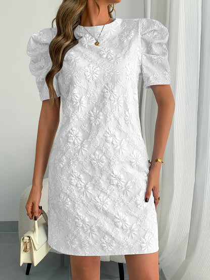 Elegant Floral Shift Dress for Women with Round Neck Puff Sleeve Jacquard Style