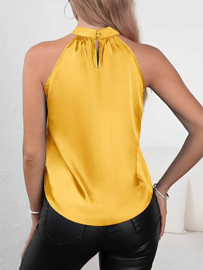 Elegant Satin Halter Blouses for Women with Gathered Neck Sleeveless Style