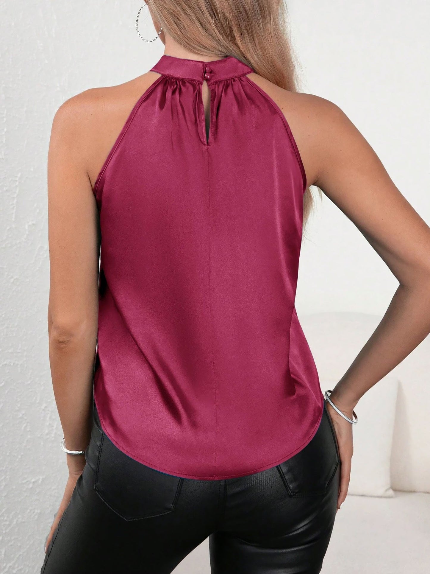 Elegant Satin Halter Blouses for Women with Gathered Neck Sleeveless Style
