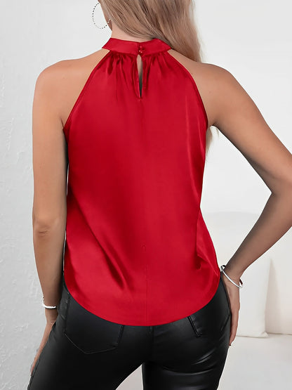 Elegant Satin Halter Blouses for Women with Gathered Neck Sleeveless Style