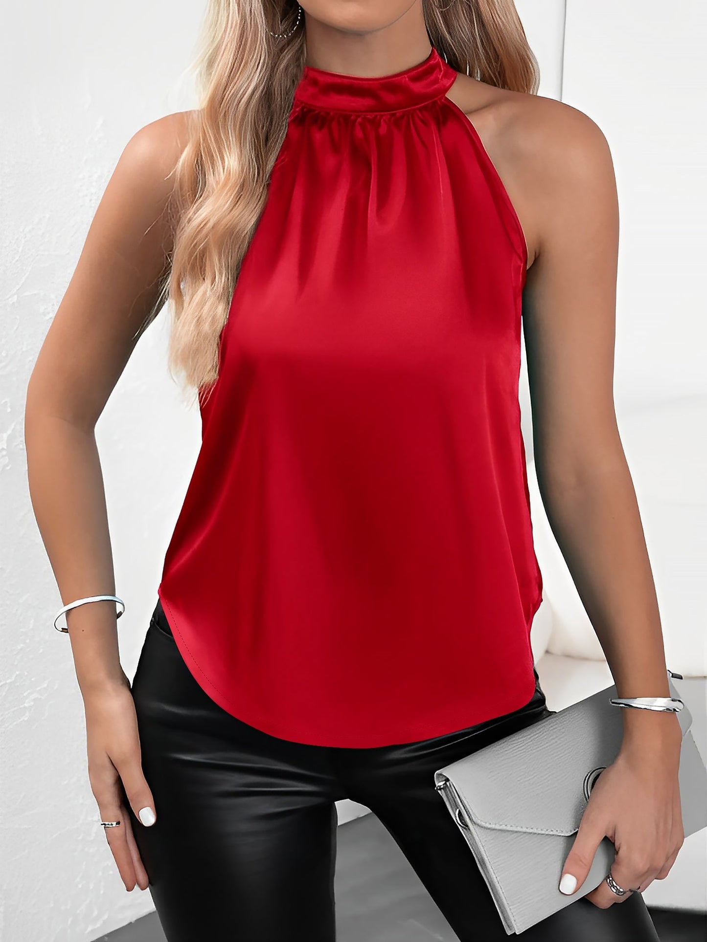 Elegant Satin Halter Blouses for Women with Gathered Neck Sleeveless Style