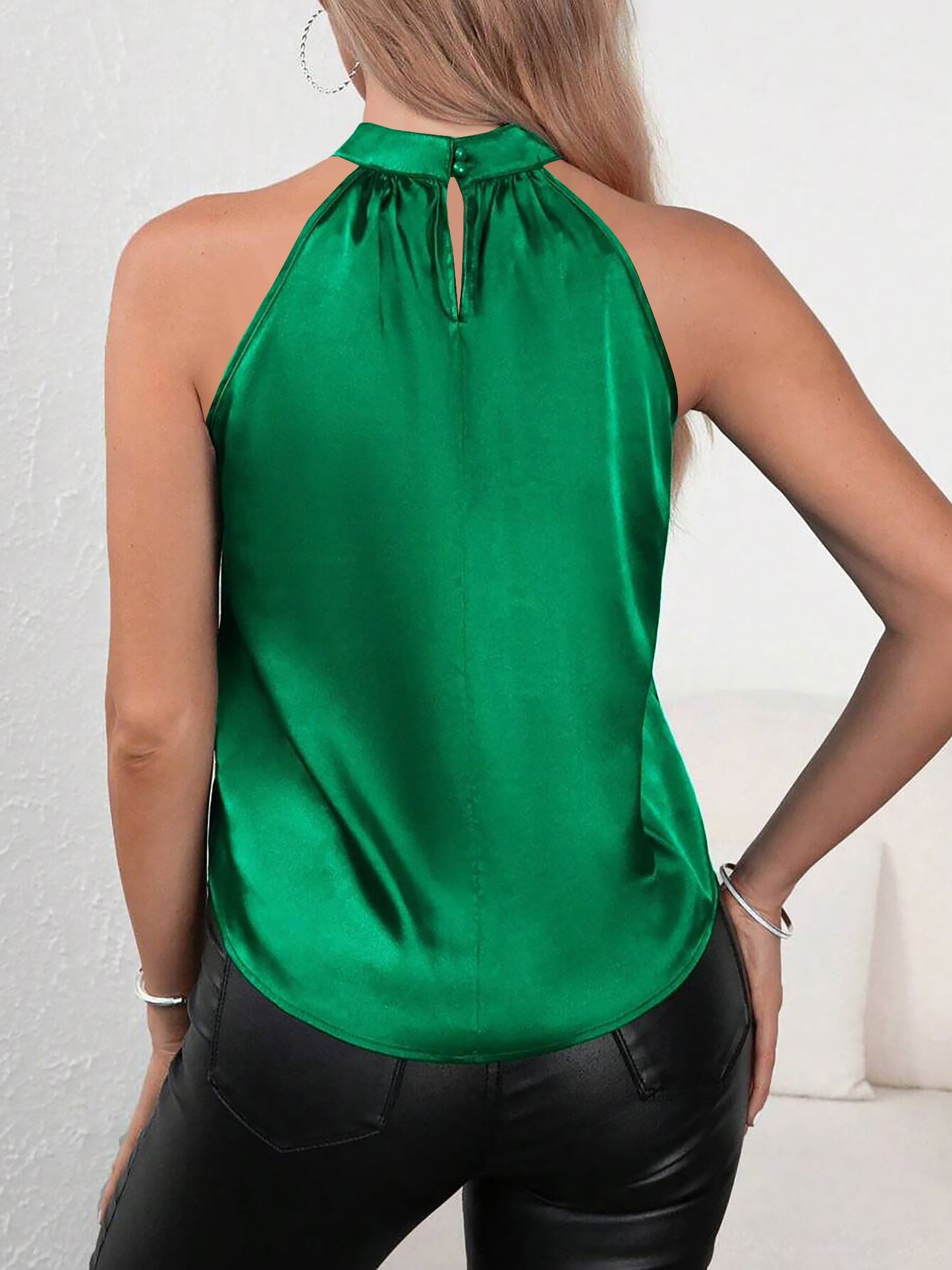 Elegant Satin Halter Blouses for Women with Gathered Neck Sleeveless Style