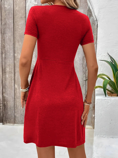 Elegant Red Mini Dress for Women with V-Neck Short Sleeve Twist Front Style