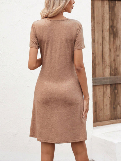 Effortless Twist Front Mini Dress for Women with V-Neck Short Sleeve Flowing Style