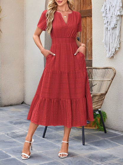 Elegant Red Midi Dress for Women with V-Neck Short Sleeve Tiered Style