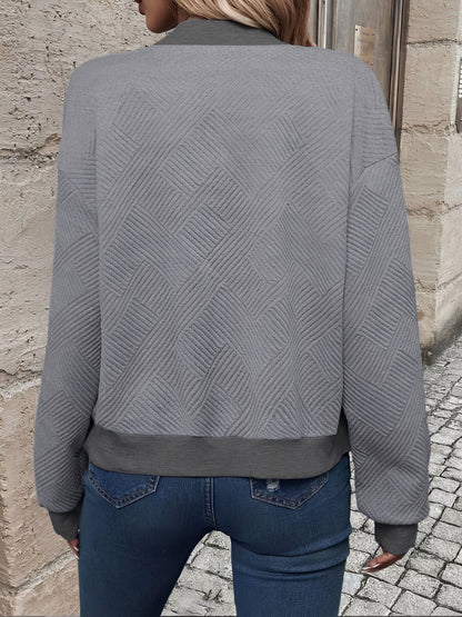 Comfortable Bomber Jacket for Women with Stand Collar Zip Front Textured Style