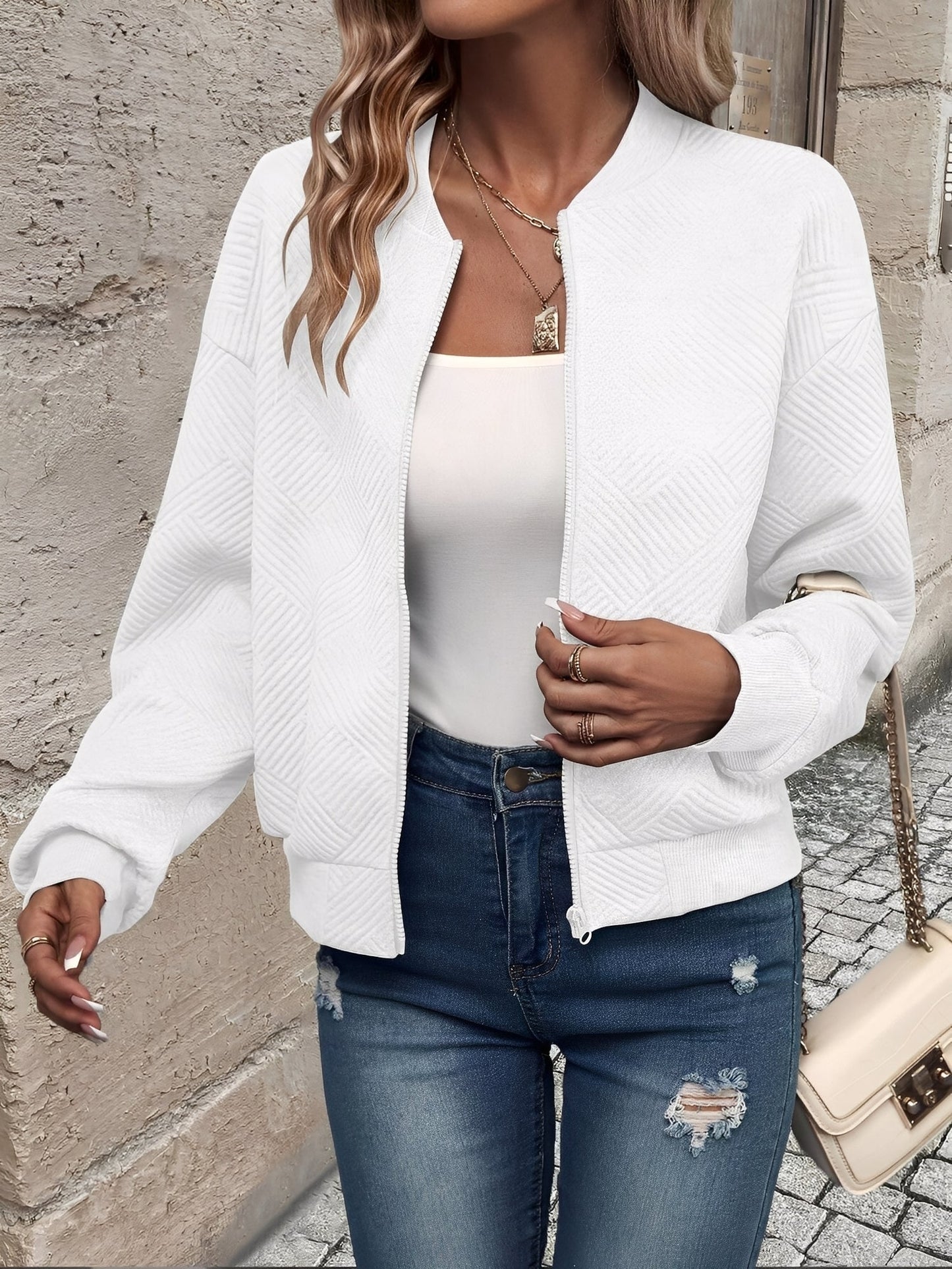 Comfortable Bomber Jacket for Women with Stand Collar Zip Front Textured Style