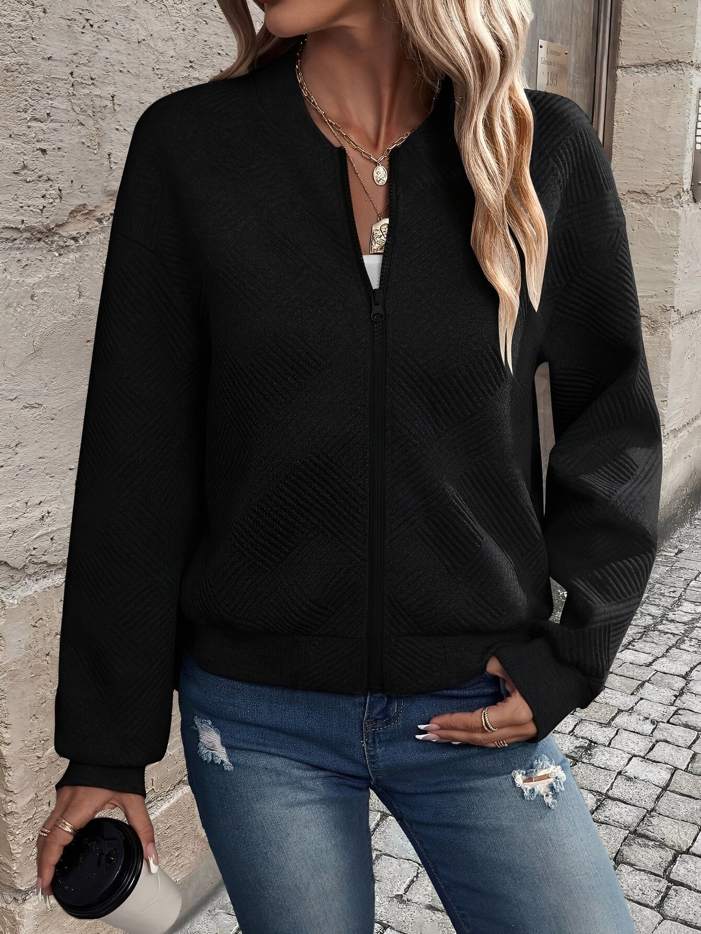 Comfortable Bomber Jacket for Women with Stand Collar Zip Front Textured Style
