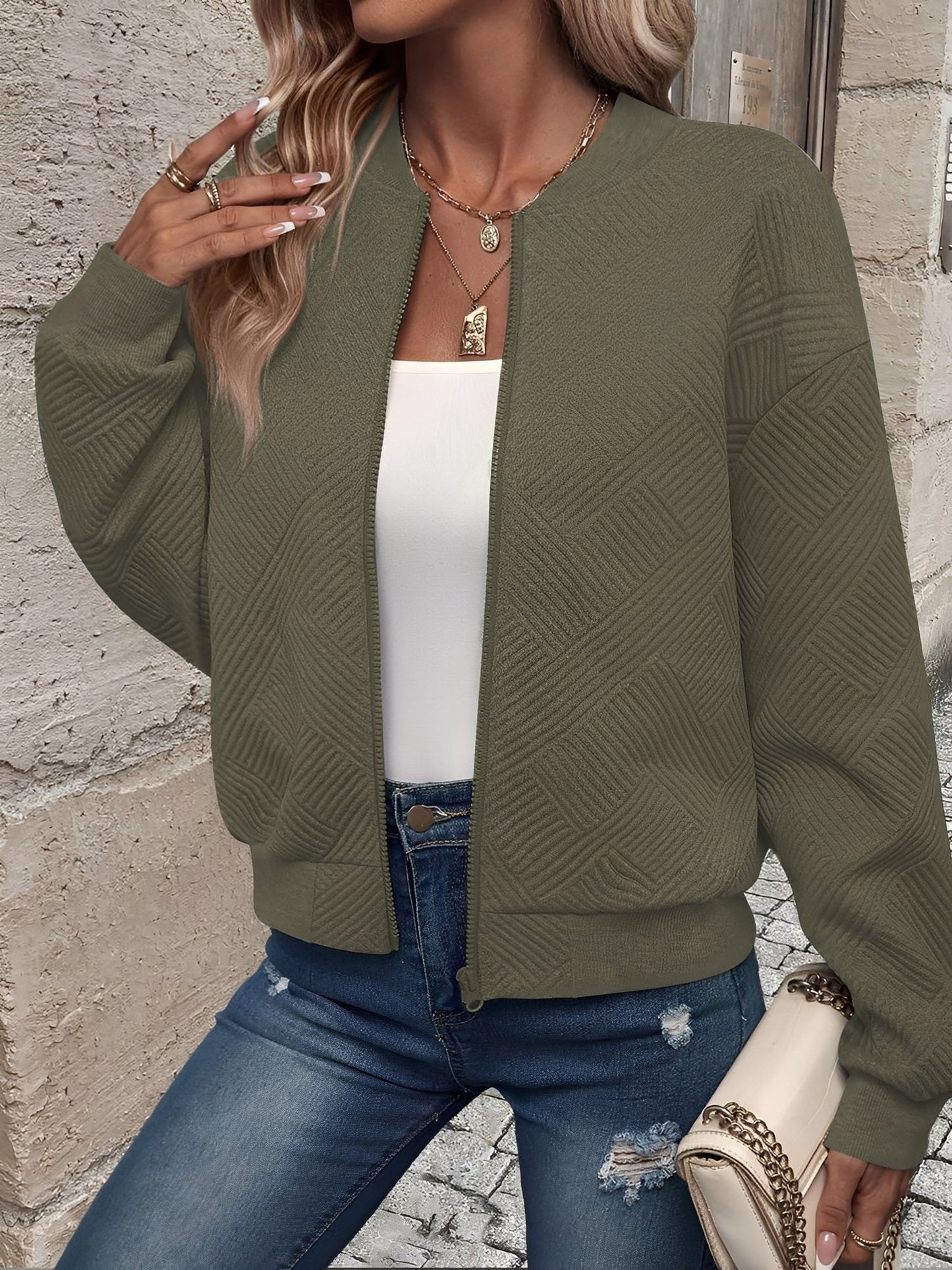 Comfortable Bomber Jacket for Women with Stand Collar Zip Front Textured Style