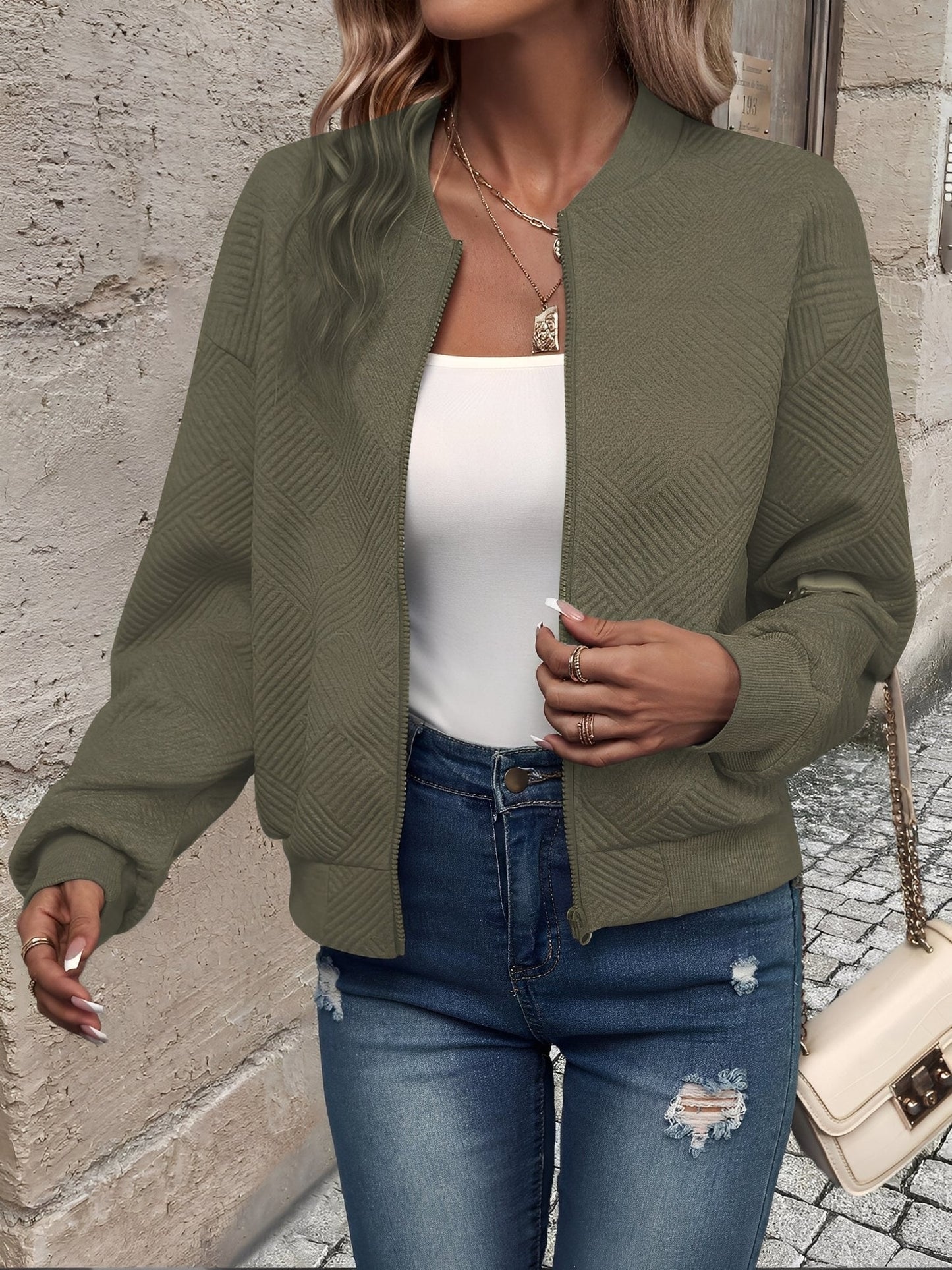 Comfortable Bomber Jacket for Women with Stand Collar Zip Front Textured Style