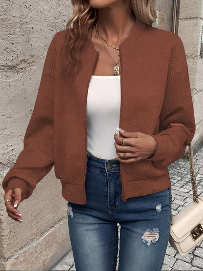 Comfortable Bomber Jacket for Women with Stand Collar Zip Front Textured Style