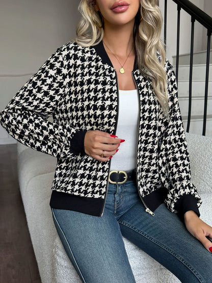 Elegant Black Bomber Jacket for Women with Houndstooth Print Stand Collar Style