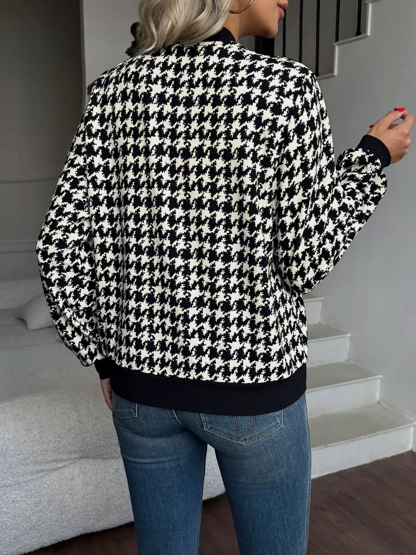 Elegant Black Bomber Jacket for Women with Houndstooth Print Stand Collar Style