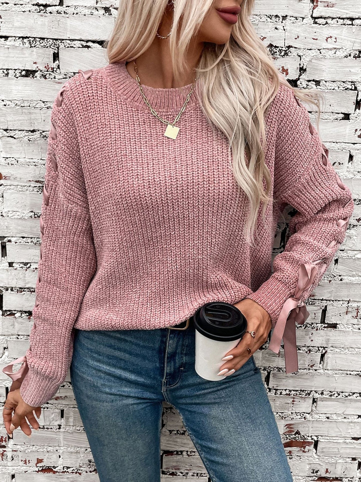 Comfortable Cable Knit Sweater for Women with Crew Neck Cinched Cuff Style