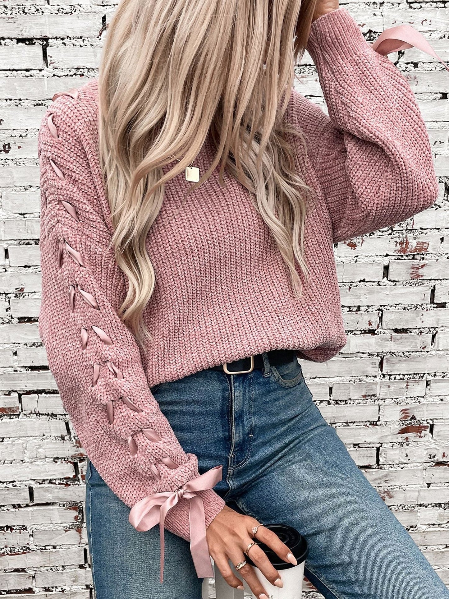 Comfortable Cable Knit Sweater for Women with Crew Neck Cinched Cuff Style