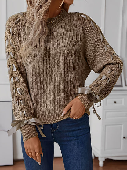 Comfortable Cable Knit Sweater for Women with Crew Neck Cinched Cuff Style