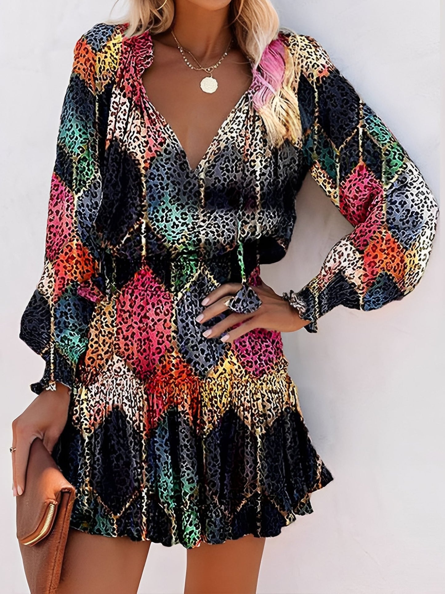 Effortless Leopard Print Mini Dress for Women with V-Neck Long Sleeve Tiered Ruffle Style