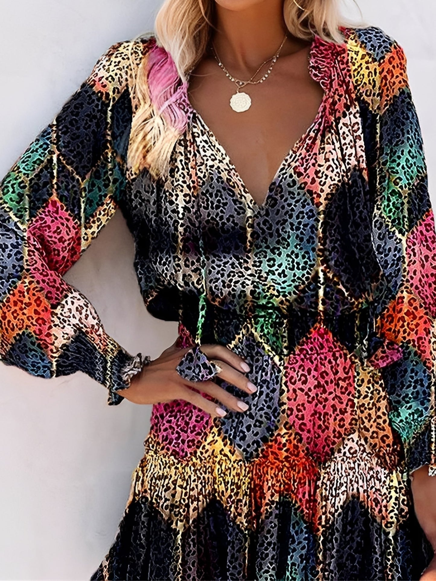 Effortless Leopard Print Mini Dress for Women with V-Neck Long Sleeve Tiered Ruffle Style