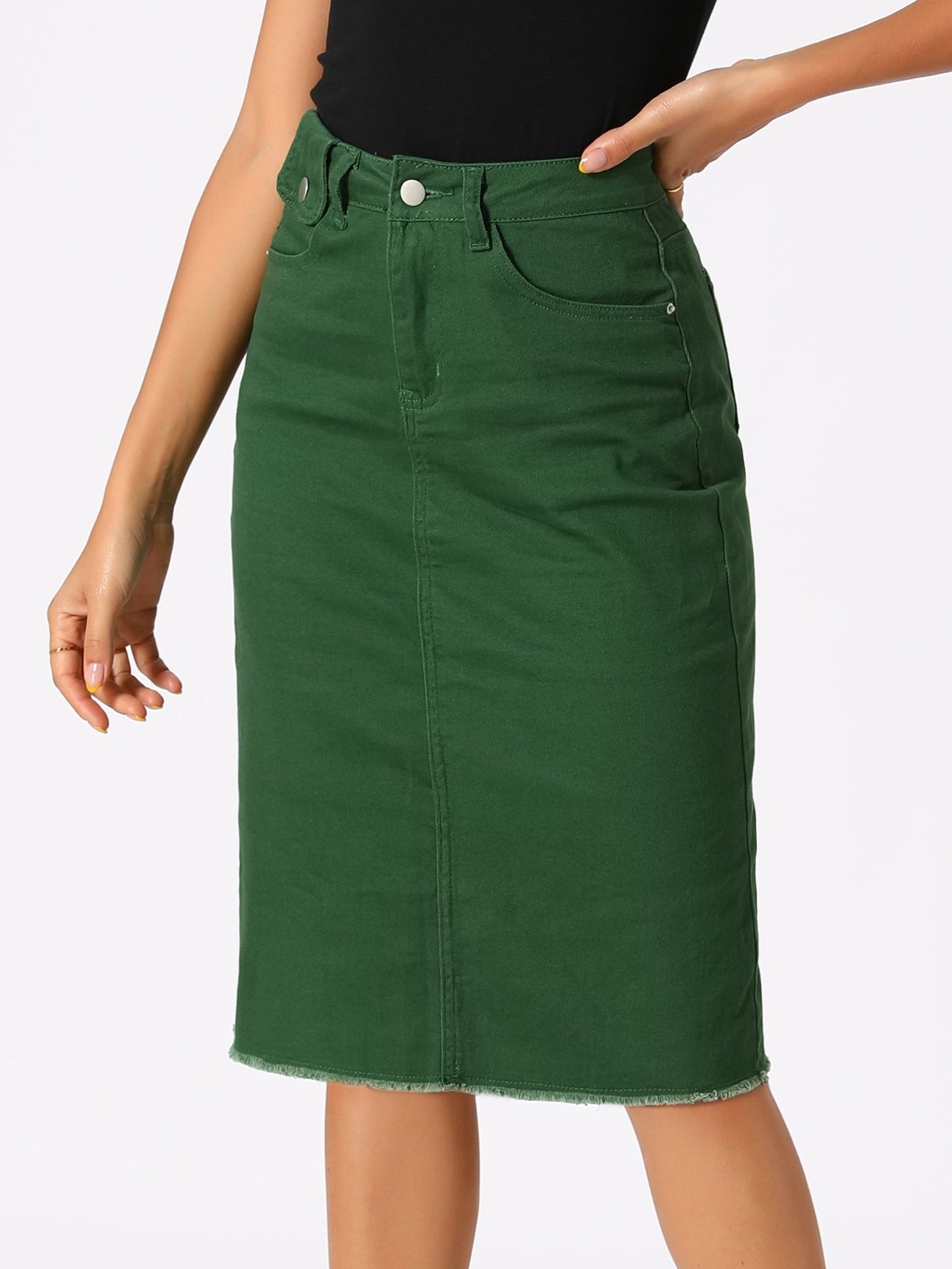 Elegant Denim Midi Skirt for Women with High Waist Fitted Straight Style