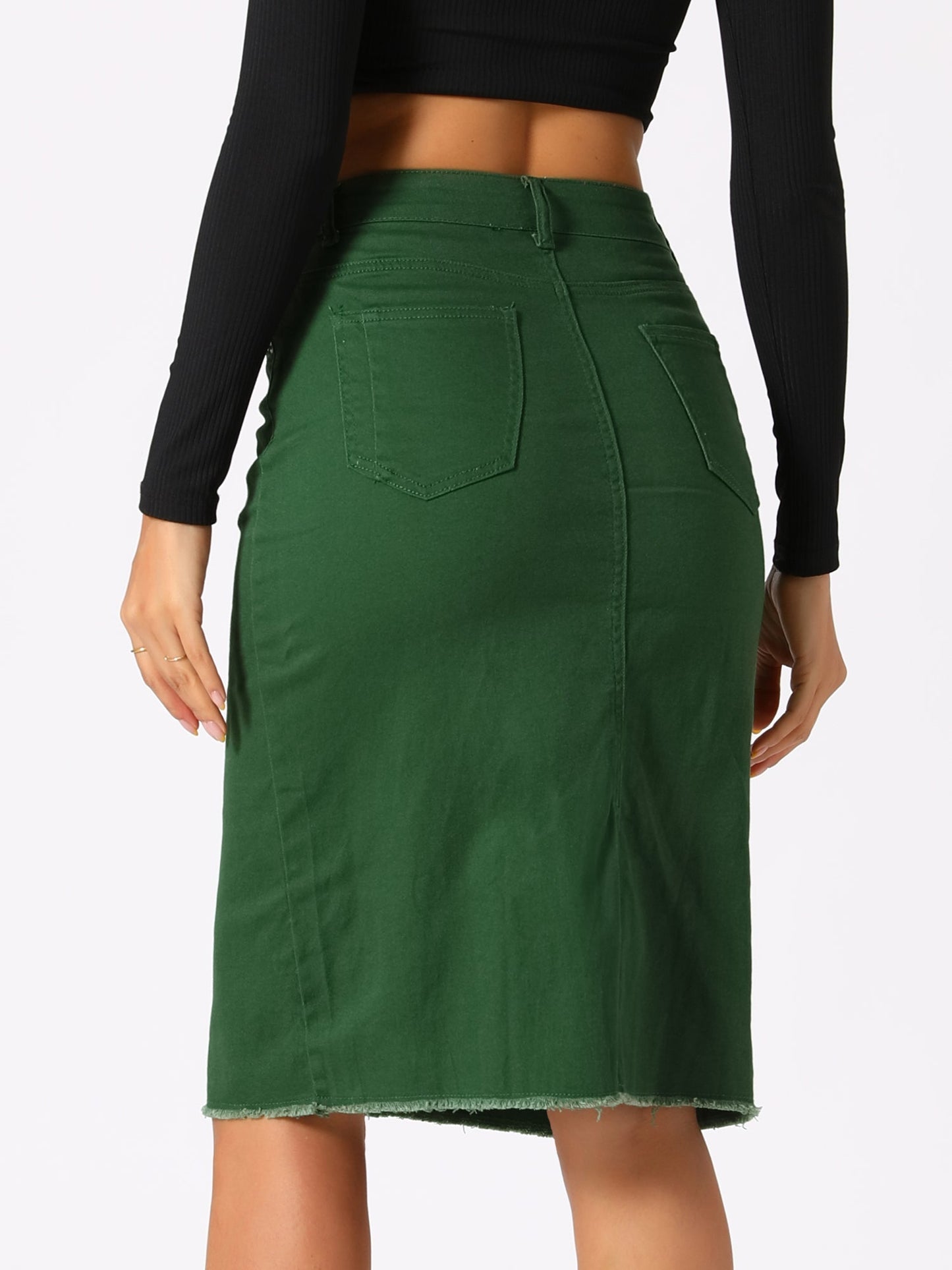 Elegant Denim Midi Skirt for Women with High Waist Fitted Straight Style