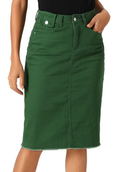 Elegant Denim Midi Skirt for Women with High Waist Fitted Straight Style