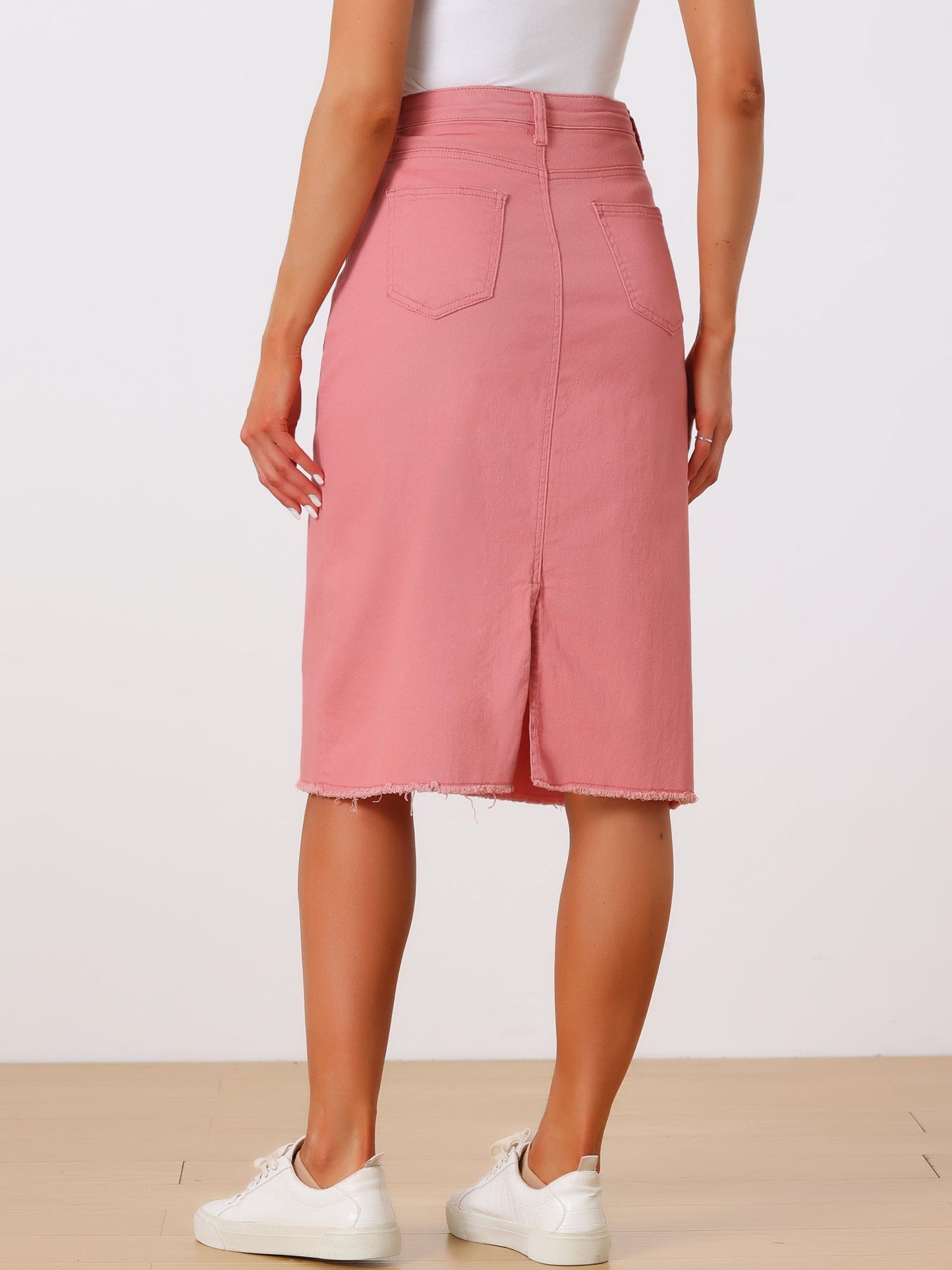 Elegant Denim Midi Skirt for Women with High Waist Fitted Straight Style