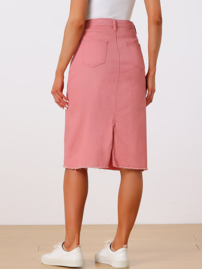 Elegant Denim Midi Skirt for Women with High Waist Fitted Straight Style