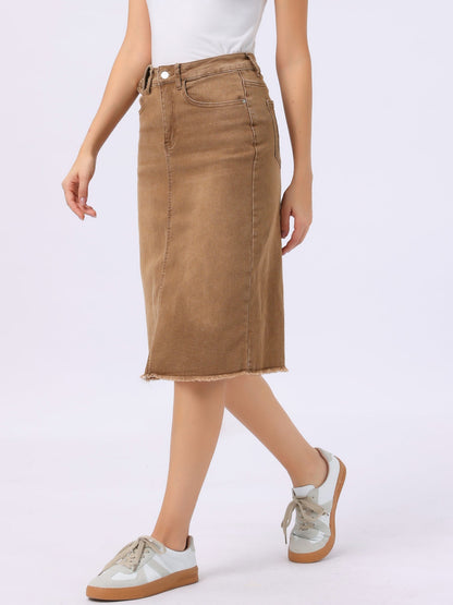 Elegant Denim Midi Skirt for Women with High Waist Fitted Straight Style