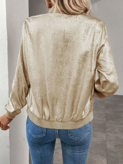 Elegant Gold Bomber Jacket for Women with Metallic Stand Collar Zip Front Style